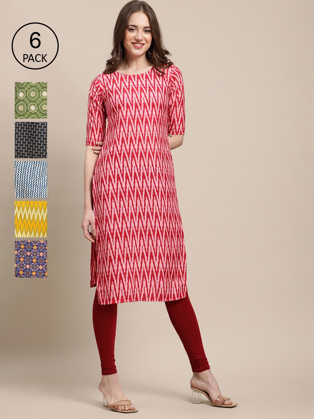 

7Threads Women Pack Of 6 Geometric Printed Block Print Crepe Kurta, Red