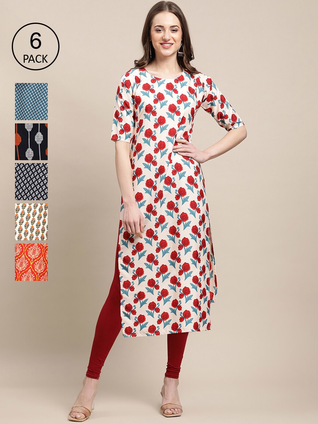 

7Threads Women's Crepe Multi Color Digital Printed Straight Kurta [PACK OF 6]