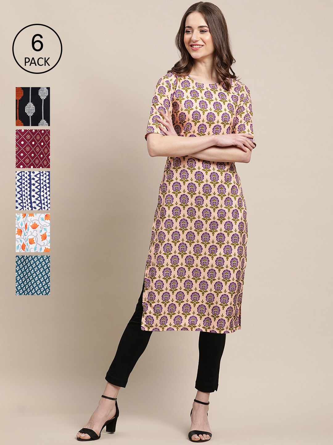 

7Threads Women Pack of 6 Ethnic Motifs Summer Sheers Crepe Kurta, Multi