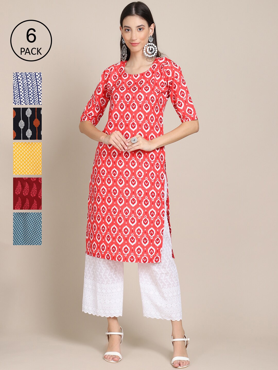 

7Threads Women Pack of 6 Ethnic Motifs Printed Thread Work Crepe Kurta, Multi