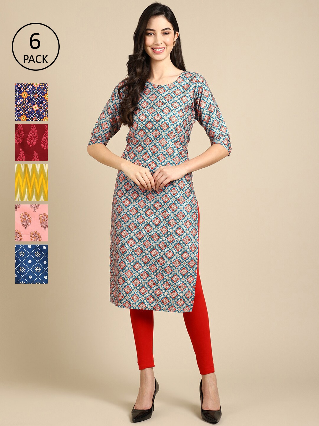 

7Threads Women Pack of 6 Geometric Printed Crepe Kurta, Multi