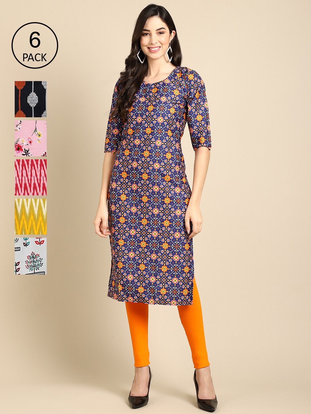 7Threads Women Pack Of 6 Ethnic Motifs Printed Thread Work Summer Sheers Crepe Kurta, Multi