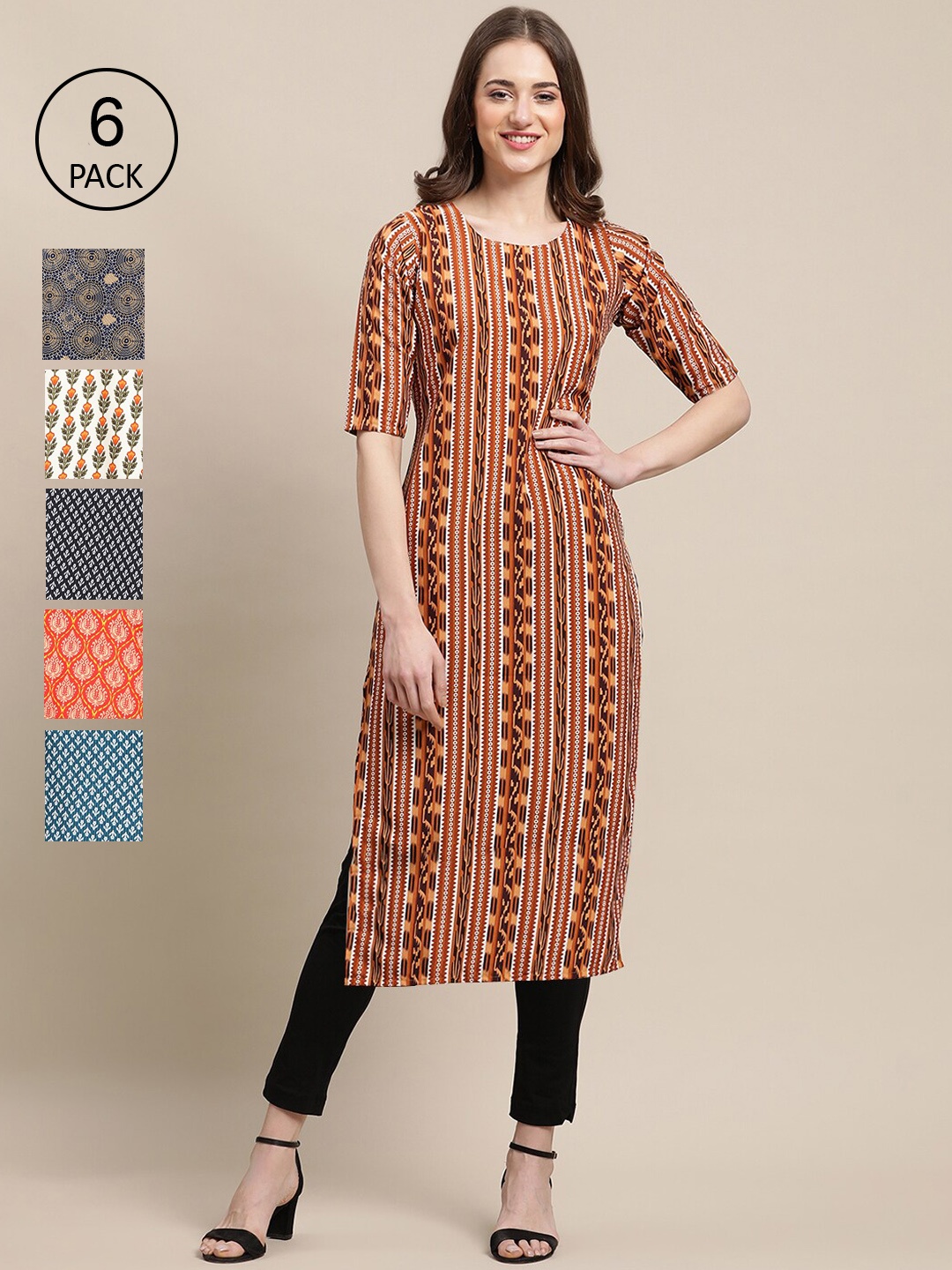 7Threads Women Pack of 6 Digital Printed Crepe Straight Kurtas, Brown