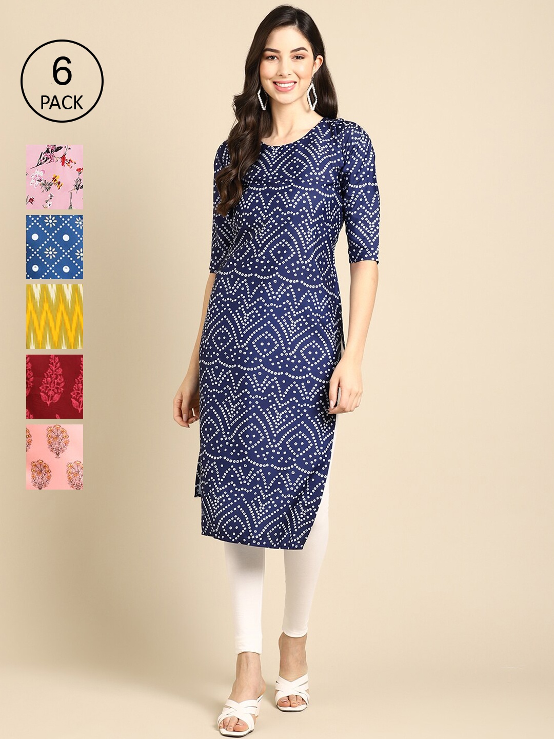 

7Threads Women Pack of 6 Digital Printed Crepe Straight Kurtas, Blue