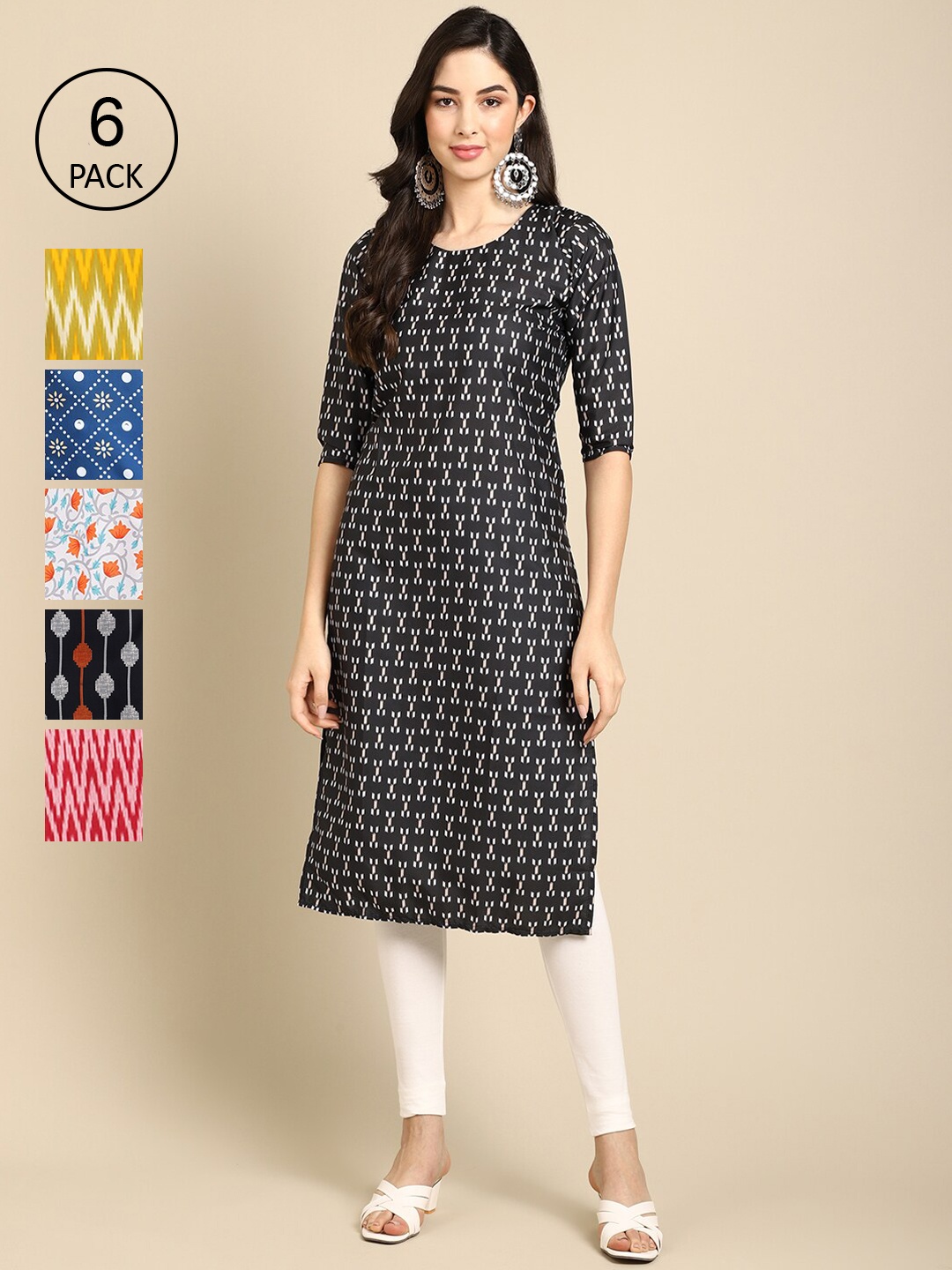 

7Threads Women Multicoloured Pack Of 6 Geometric Printed Crepe Kurta, Multi