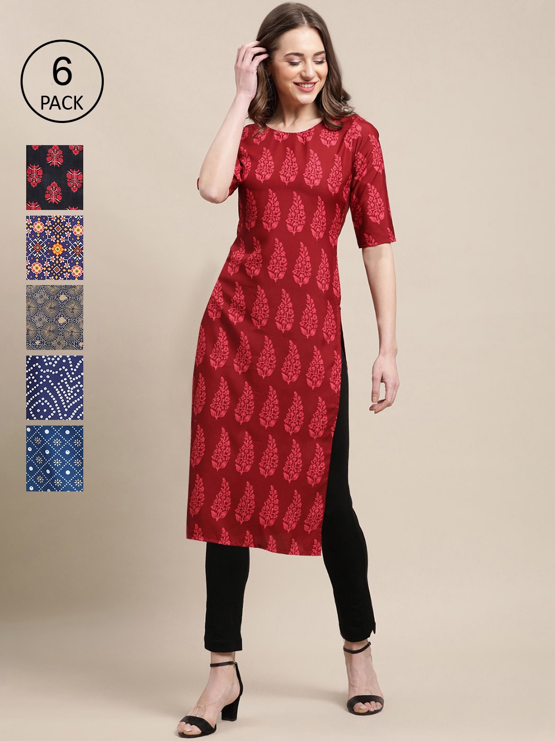 

7Threads Women Multicoloured Pack Of 6 Geometric Printed Crepe Kurta, Multi