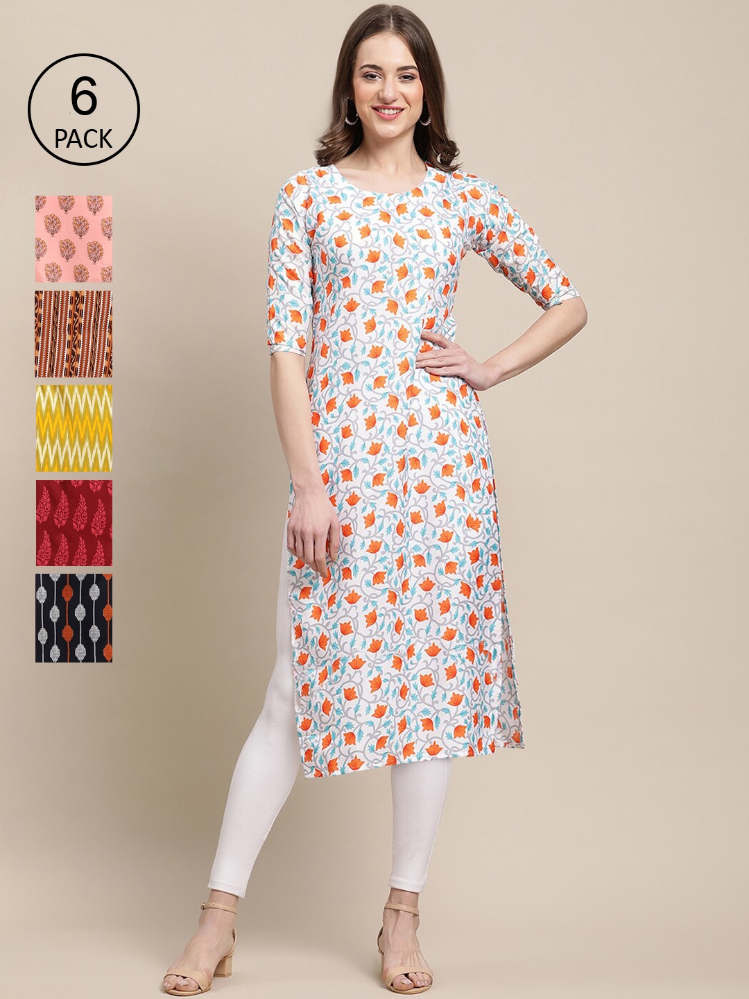 

7Threads Women Pack Of 6 Printed Summer Sheers Crepe Kurta, Mustard