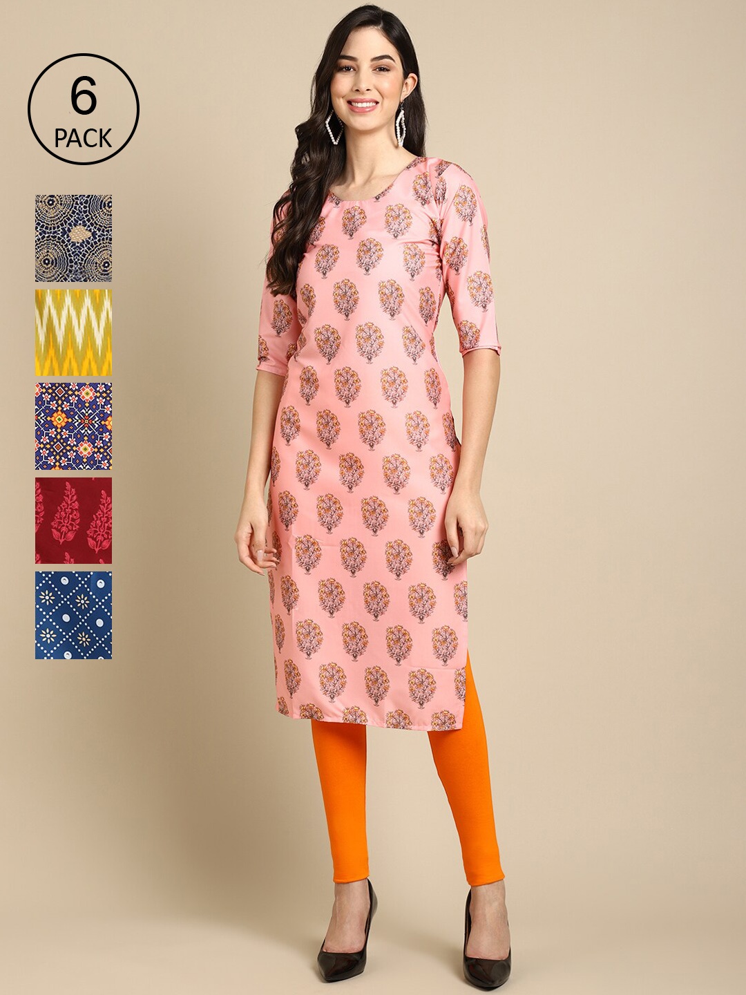 7Threads Women Pack of 6 Geometric Printed Crepe Kurta, Multi
