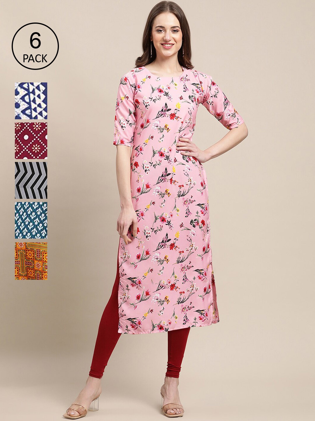 

7Threads Women Pack of 6 Floral Printed Gotta Patti Crepe Kurta, Multi