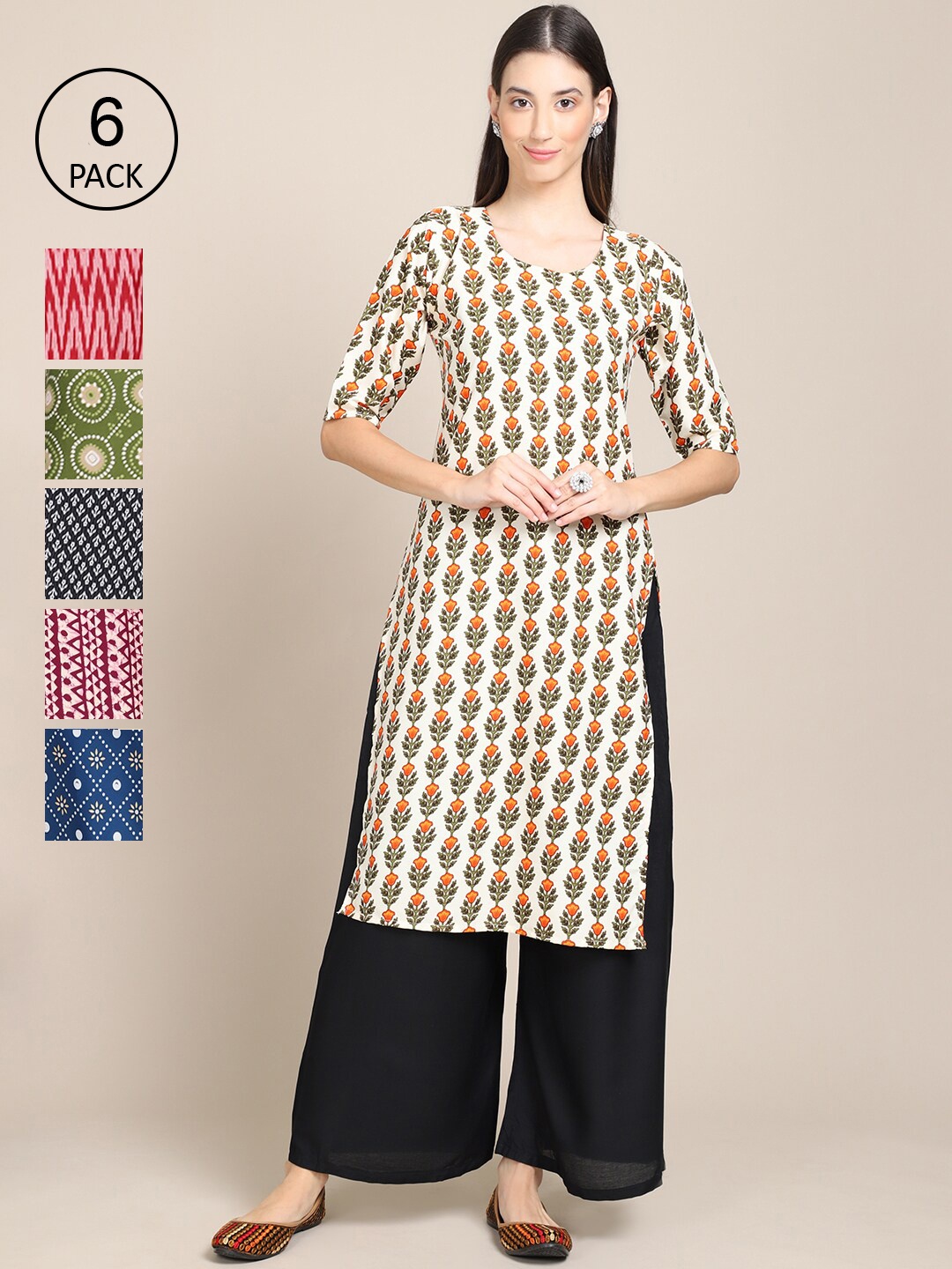 7Threads Pack Of 6 Women Printed Crepe Kurta, Beige