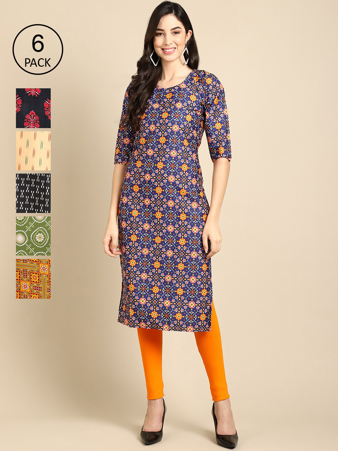 

7Threads Women Yellow And Green Printed Summer Sheers Crepe Kurta PACK OF 6, Grey