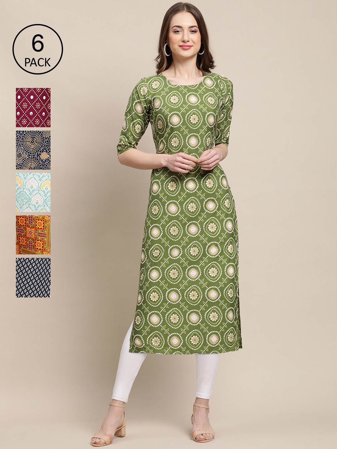

7Threads Women Red And Green Floral Printed Summer Sheers Crepe Kurta PACK OF 6