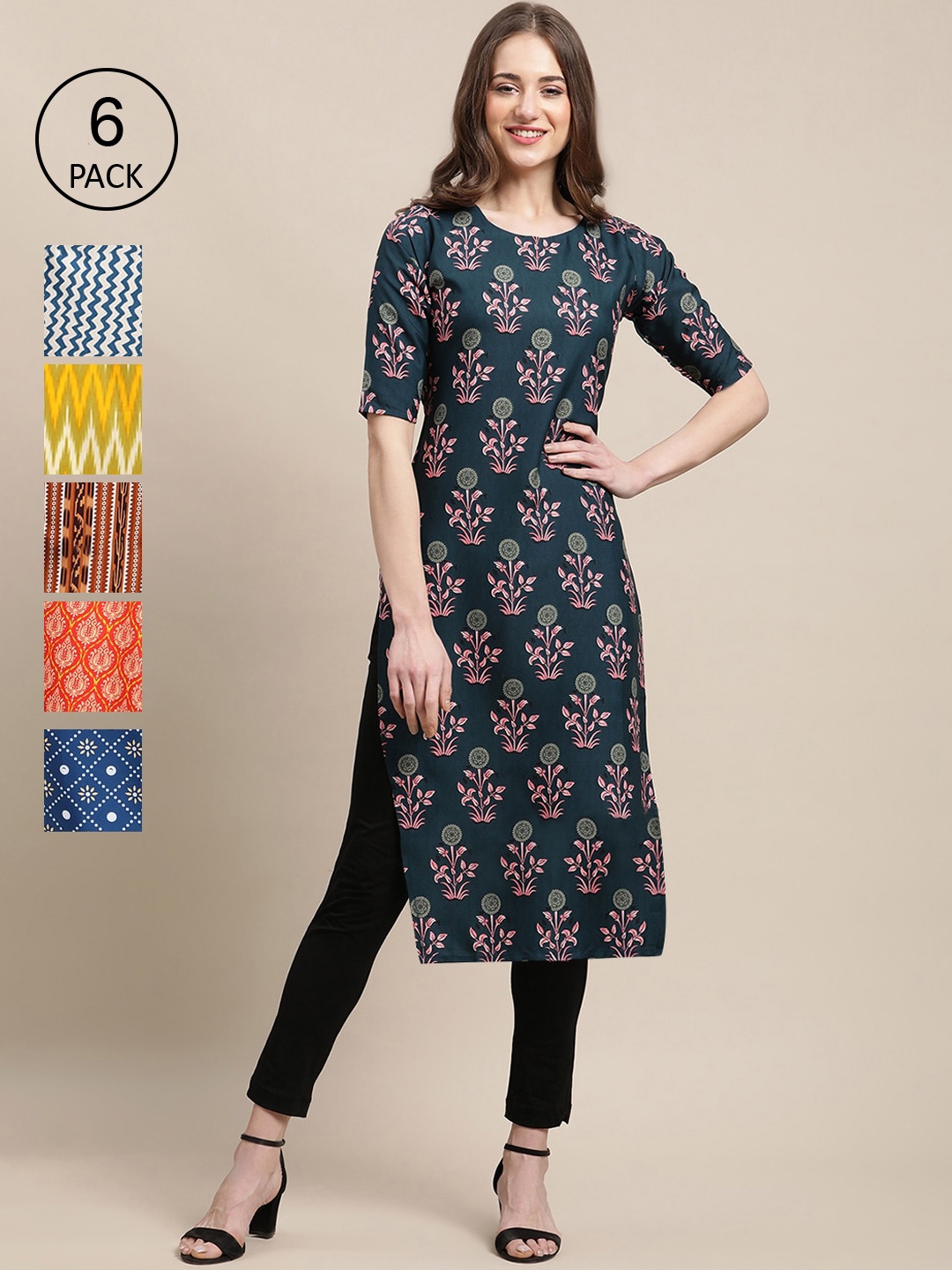 

7Threads Women Yellow And Blue Floral Printed Summer Sheers Crepe Kurta PACK OF 6