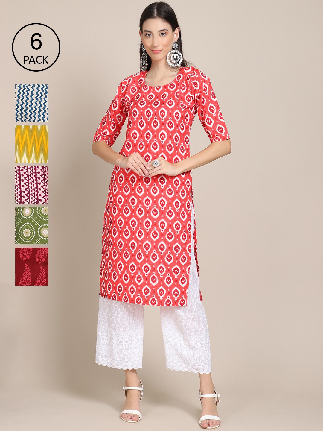 

7Threads Women Red And Yellow Geometric Printed Summer Sheers Crepe Kurta PACK OF 6