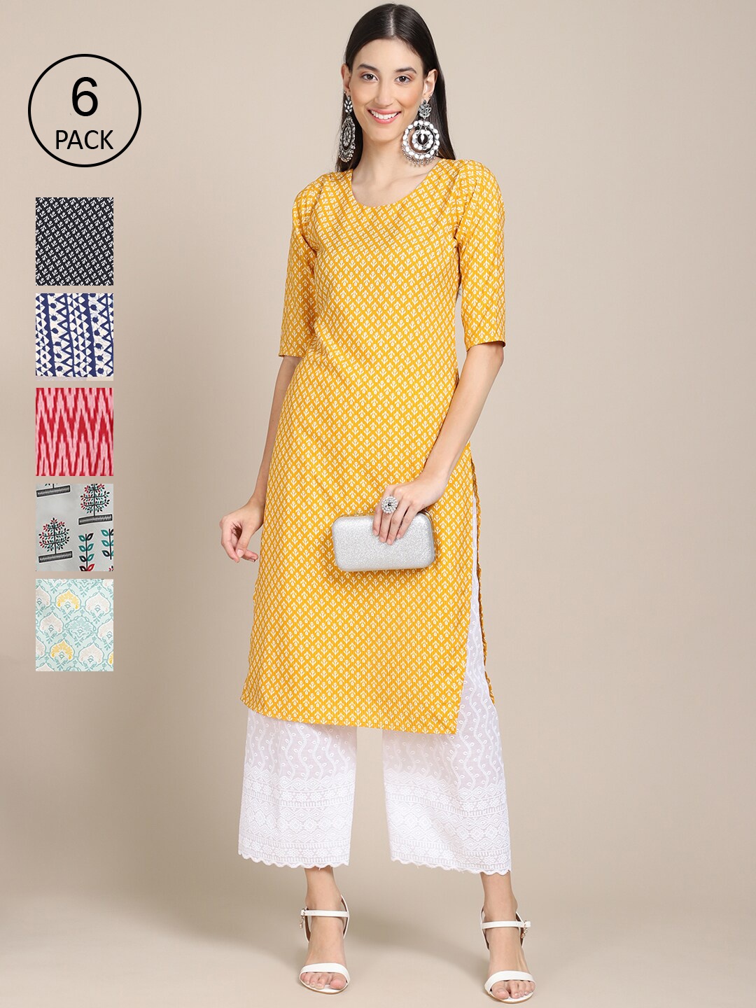7Threads Women Set Of 6 Yellow & Red Floral Printed Crepe Kurta
