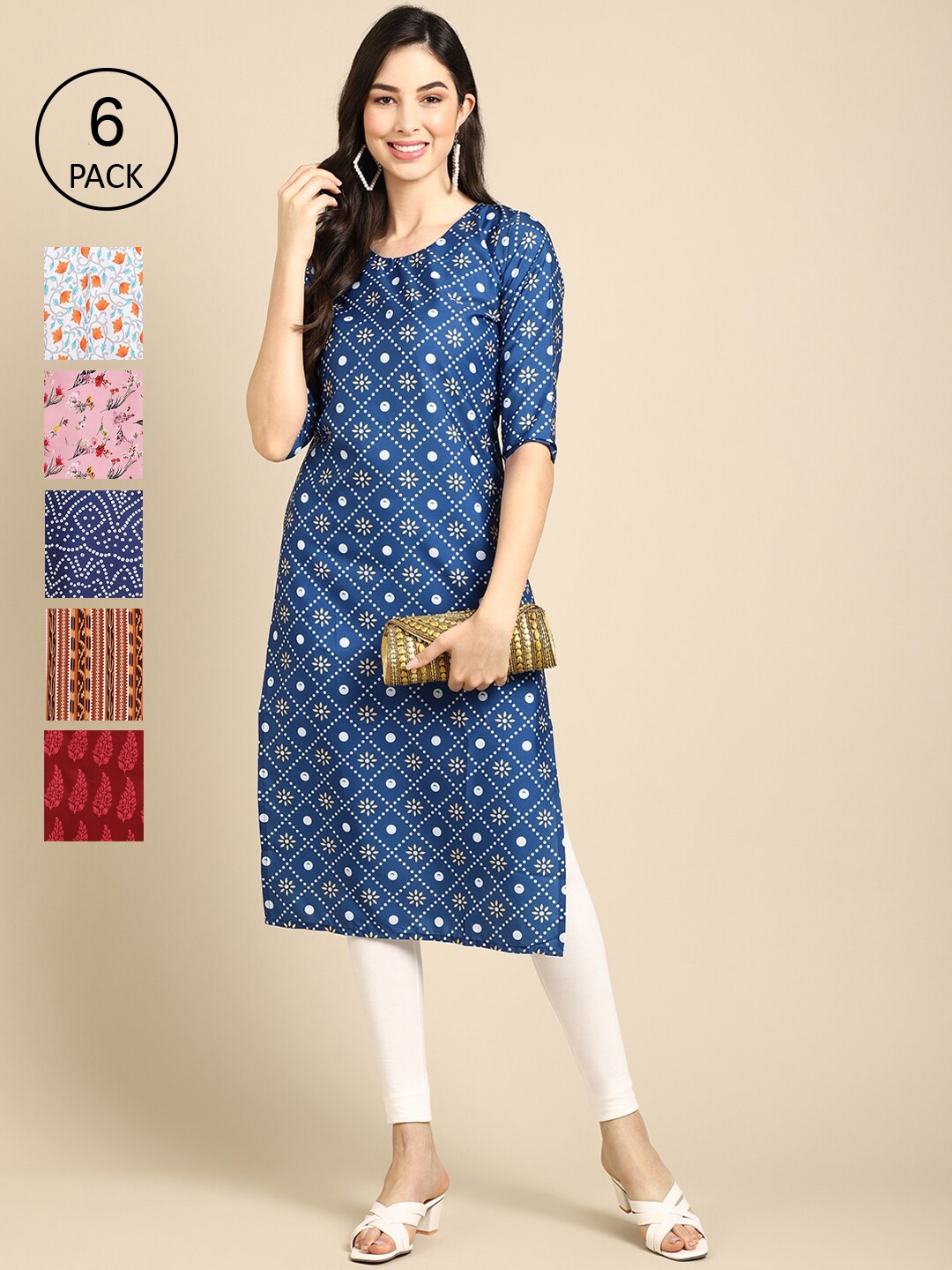 

7Threads Women Set Of 6 Blue & Pink Ethnic Motifs Printed Crepe Kurta
