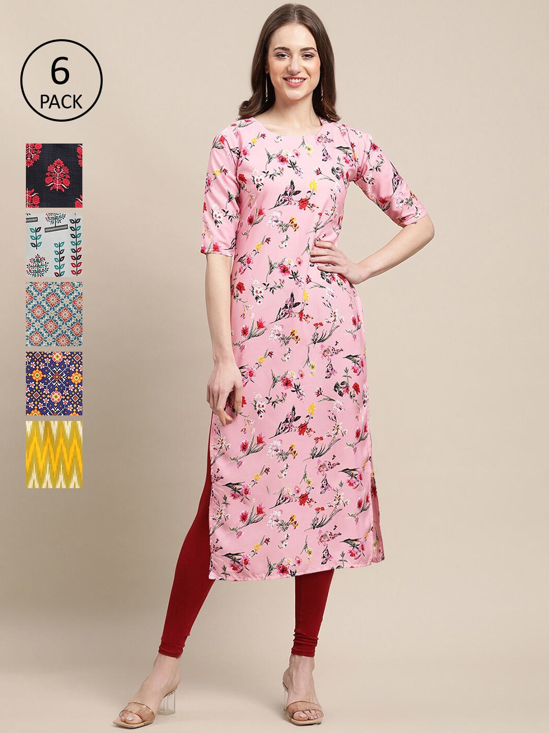 

7Threads Women Set Of 6 Pink & Yellow Floral Printed Crepe Kurta