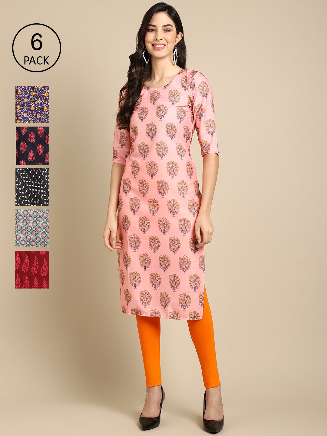 7Threads Women Set Of 6 Pink & Blue Ethnic Motifs Printed Crepe Kurta