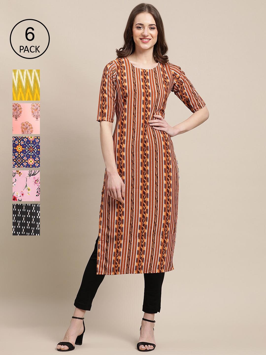 7Threads Women Set Of 6 Pink & Yellow Floral Printed Crepe Kurta