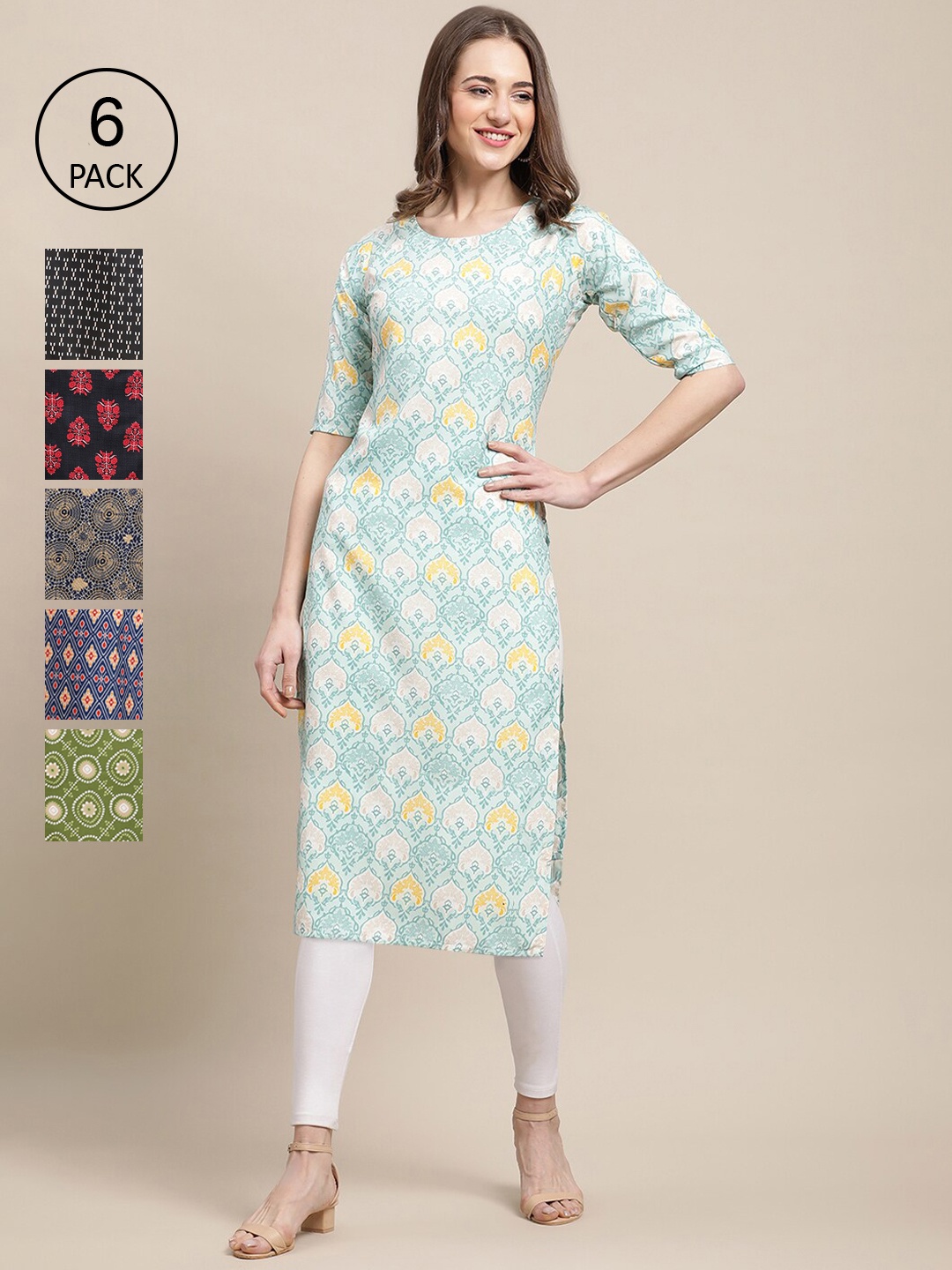 

7Threads Women PACK OF 6 Ethnic Motifs Printed Crepe Kurta, Black