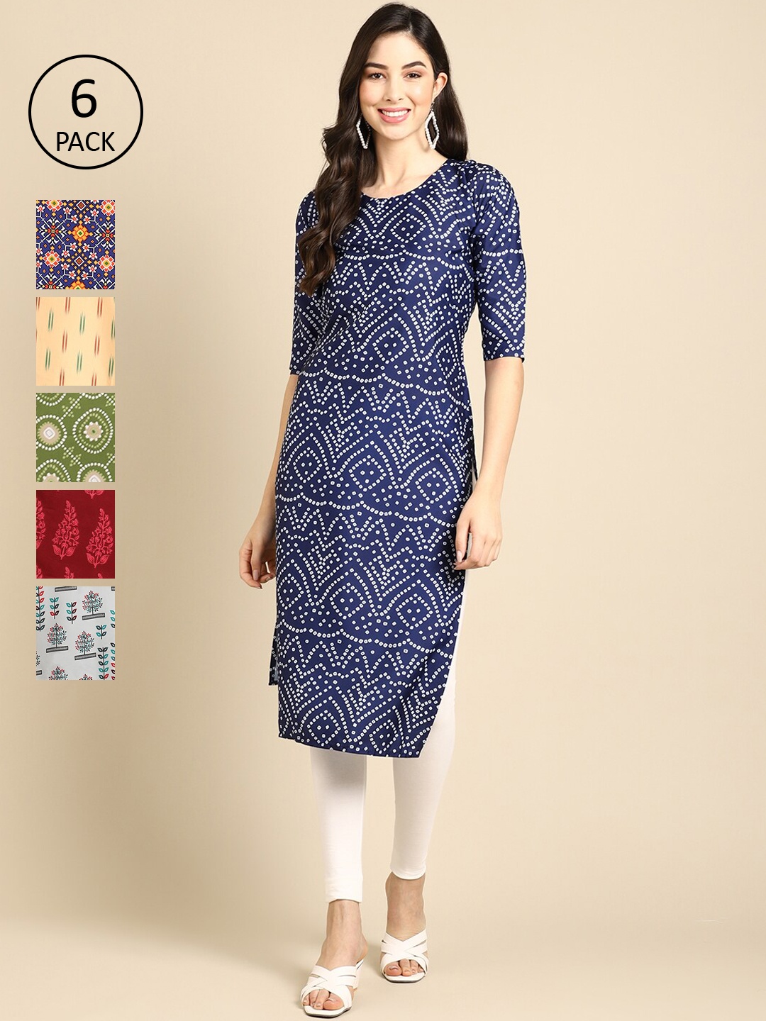 7Threads Women Pack Of 6 Ethnic Motifs Printed Crepe Kurta, Blue
