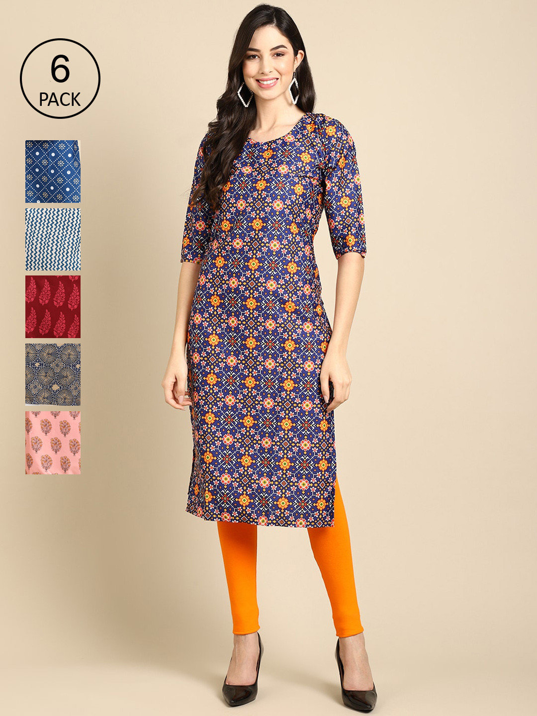 

7Threads Women Pack Of 6 Ethnic Motifs Printed Crepe Kurta, Blue