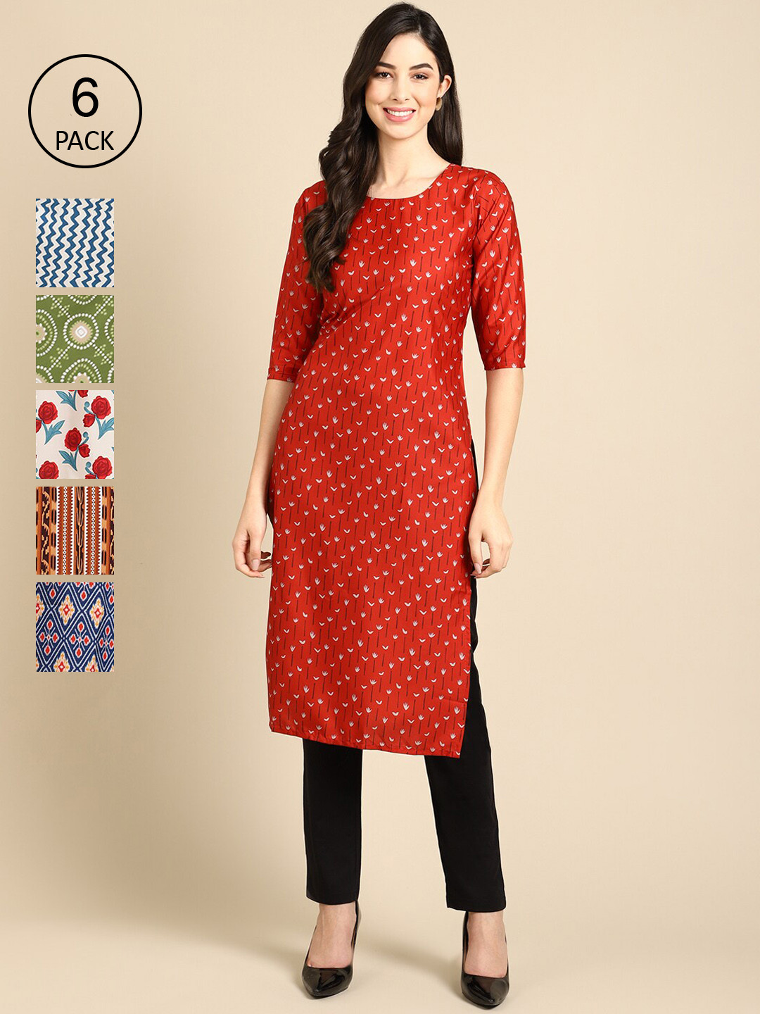 

7Threads Women Pack Of 6 Ethnic Motifs Printed Crepe Kurta, Red