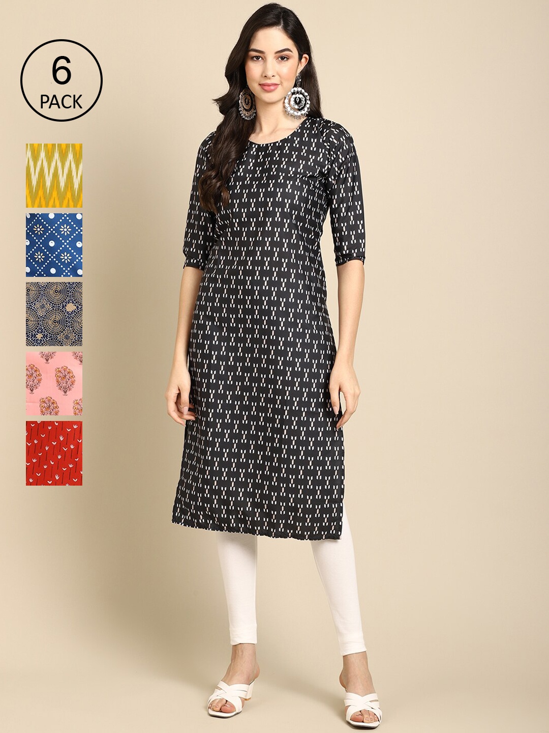 

7Threads Women Multicoloured Pack Of 6 Geometric Printed Crepe Kurta, Multi