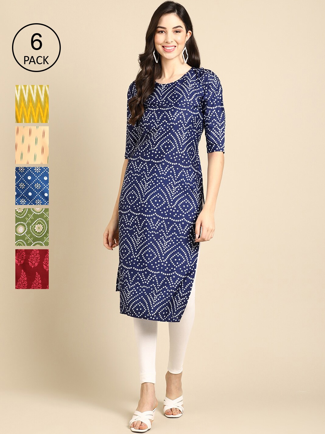 

7Threads Women Multicoloured Pack Of 6 Ethnic Motifs Printed Crepe Kurta, Multi