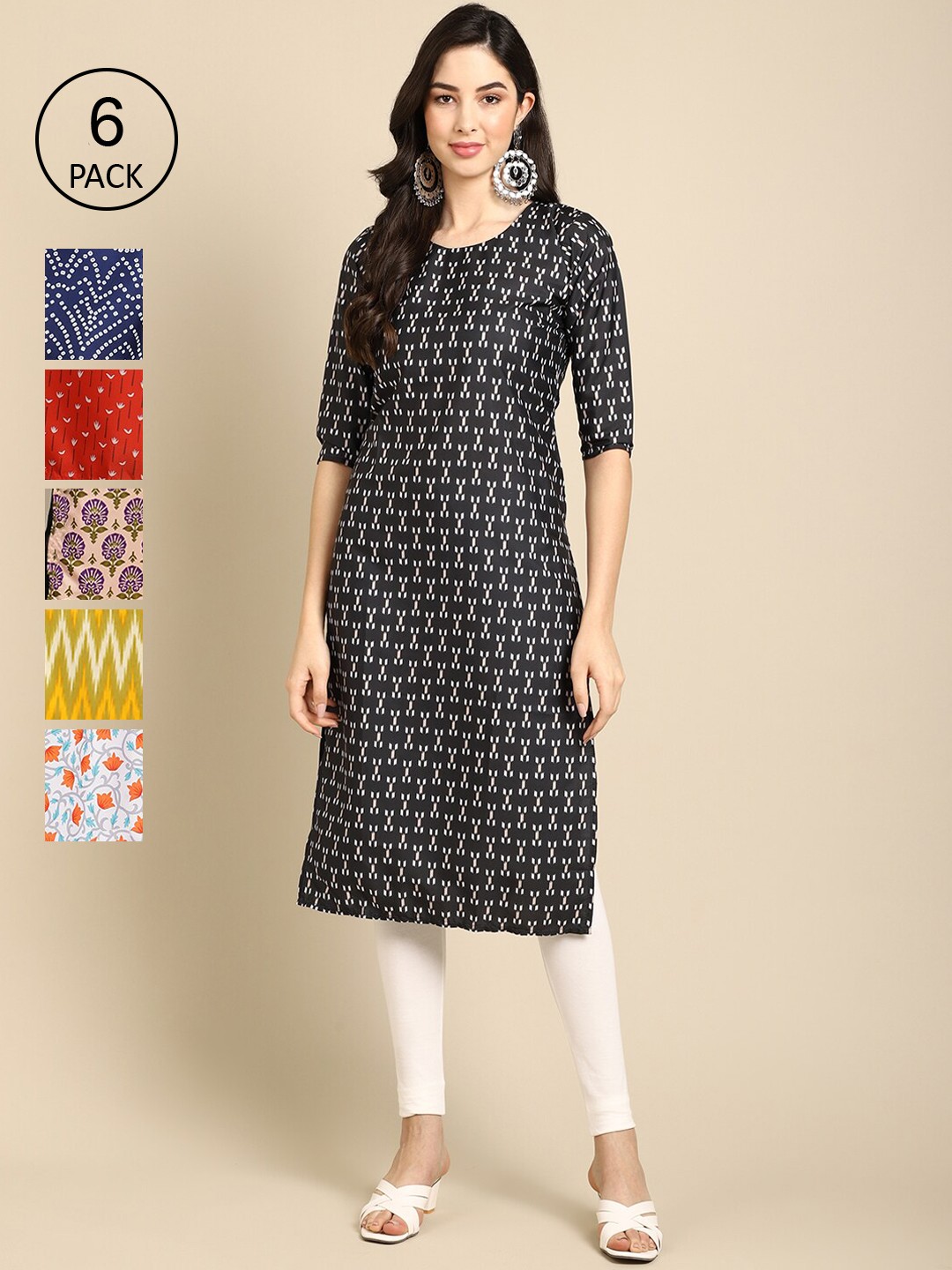 

7Threads Women Pack Of 6 Multicoloured Geometric Printed Crepe Kurta, Multi