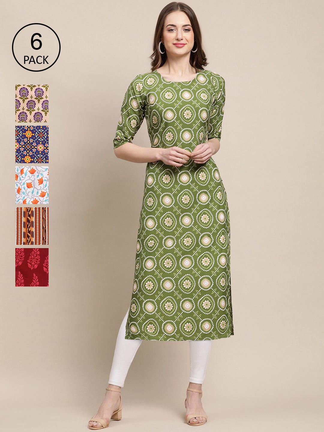 

7Threads Women Pack Of 6 Multicoloured Geometric Printed Crepe Kurta, Multi