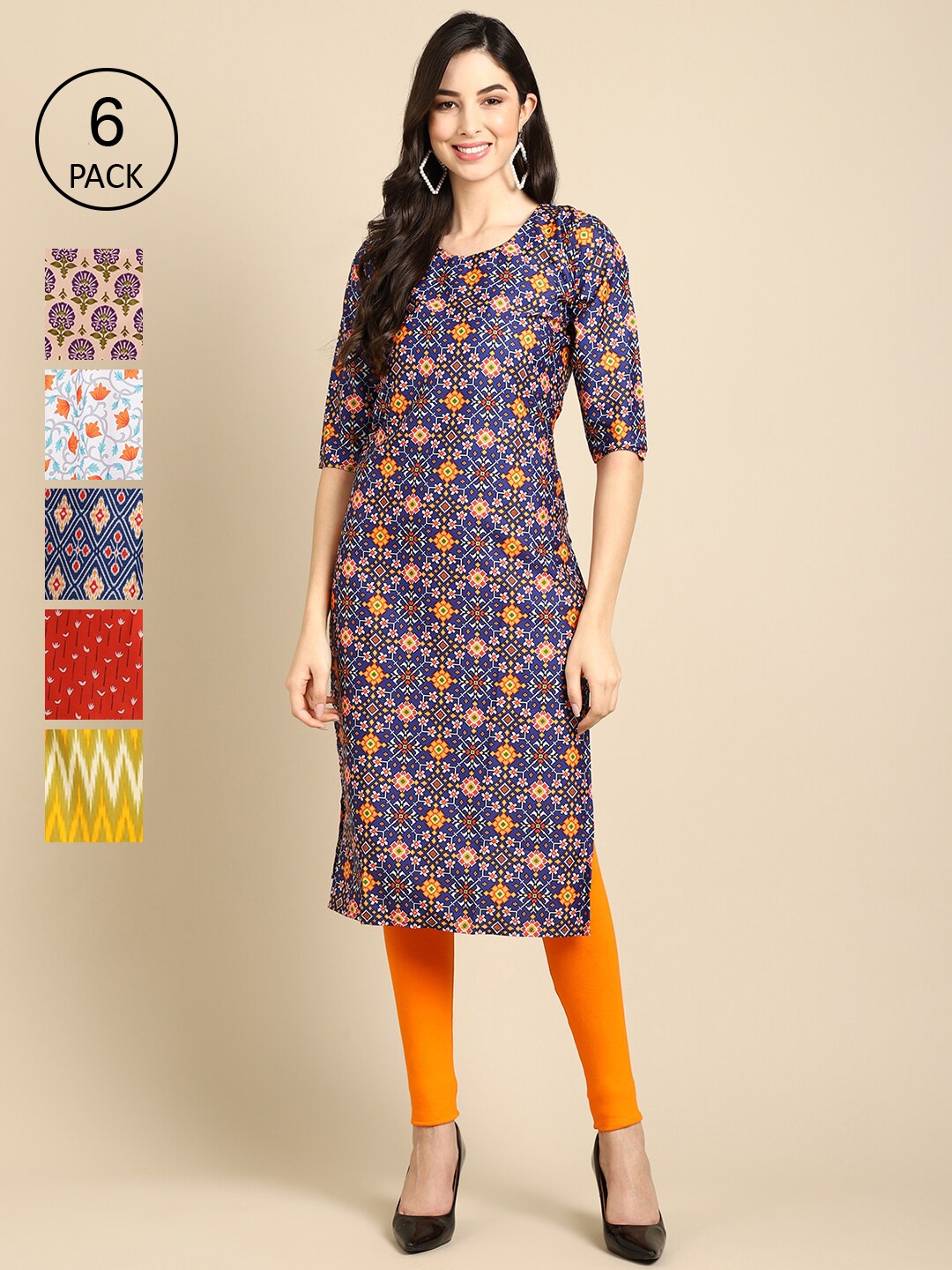 

7Threads Women Pack Of 6 Multicoloured Geometric Printed Crepe Kurta, Multi