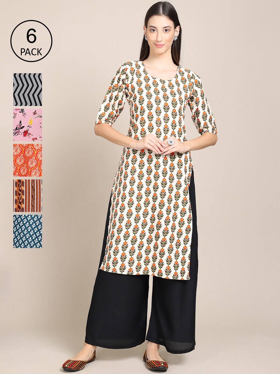 

7Threads Women Pack of 6 Digital Printed Crepe Straight Kurtas, Black