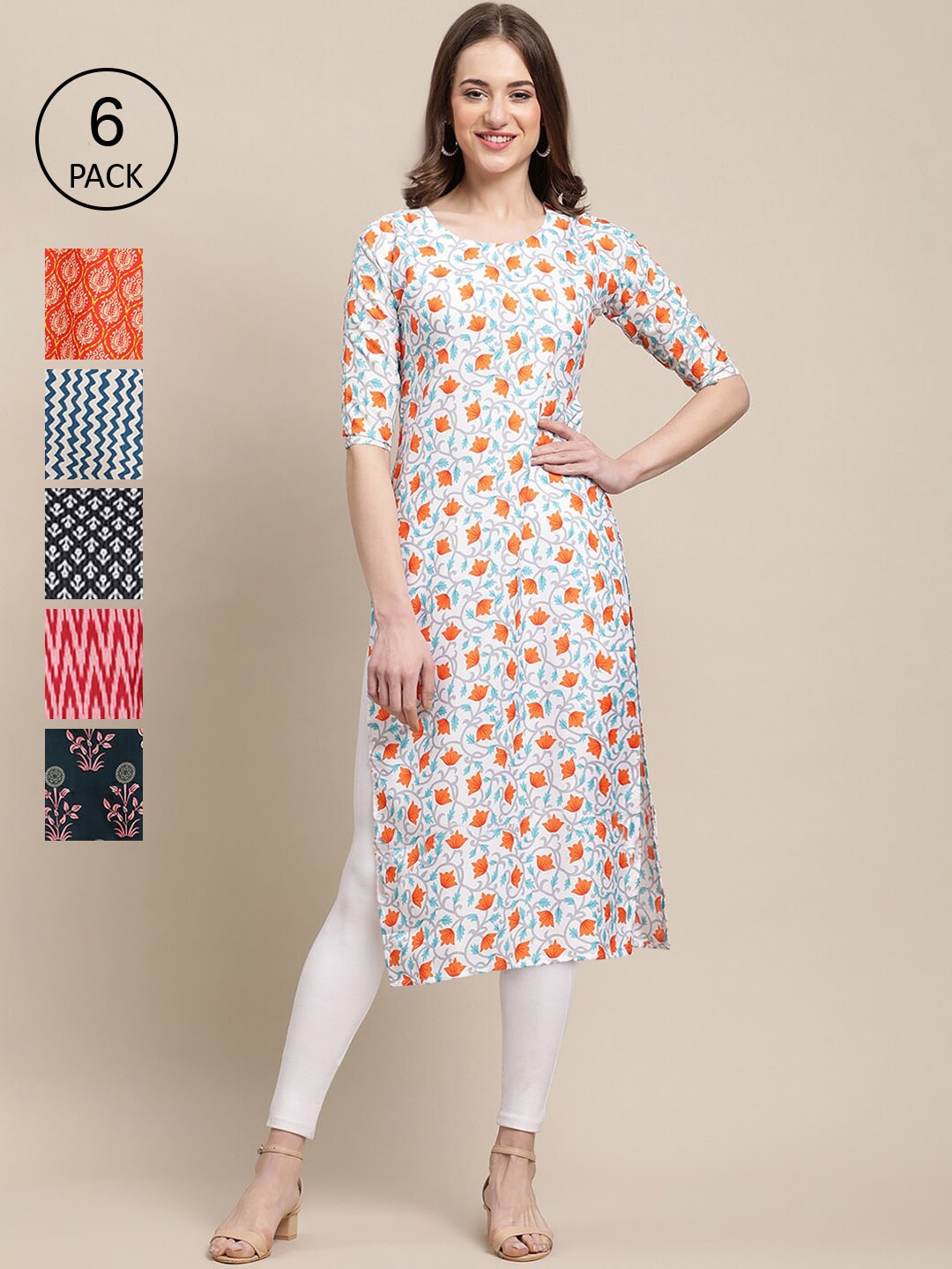

7Threads Women Pack of 6 Printed Straight Crepe Kurta, Red
