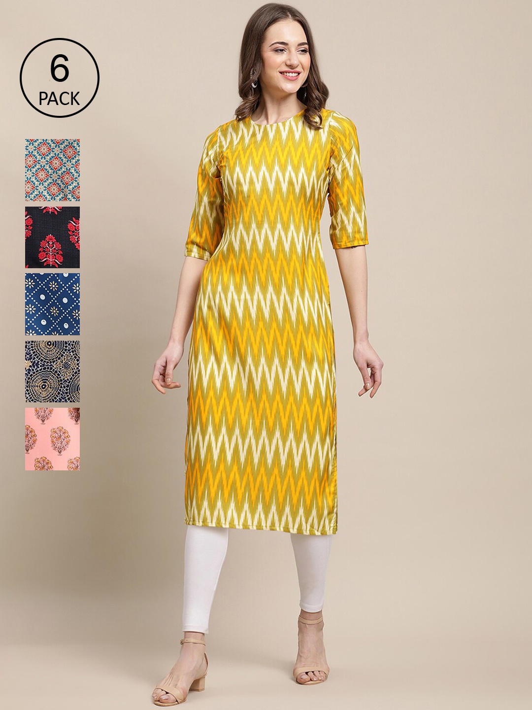 

7Threads Women Pack Of 6 Printed Summer Sheers Crepe Kurta, Yellow