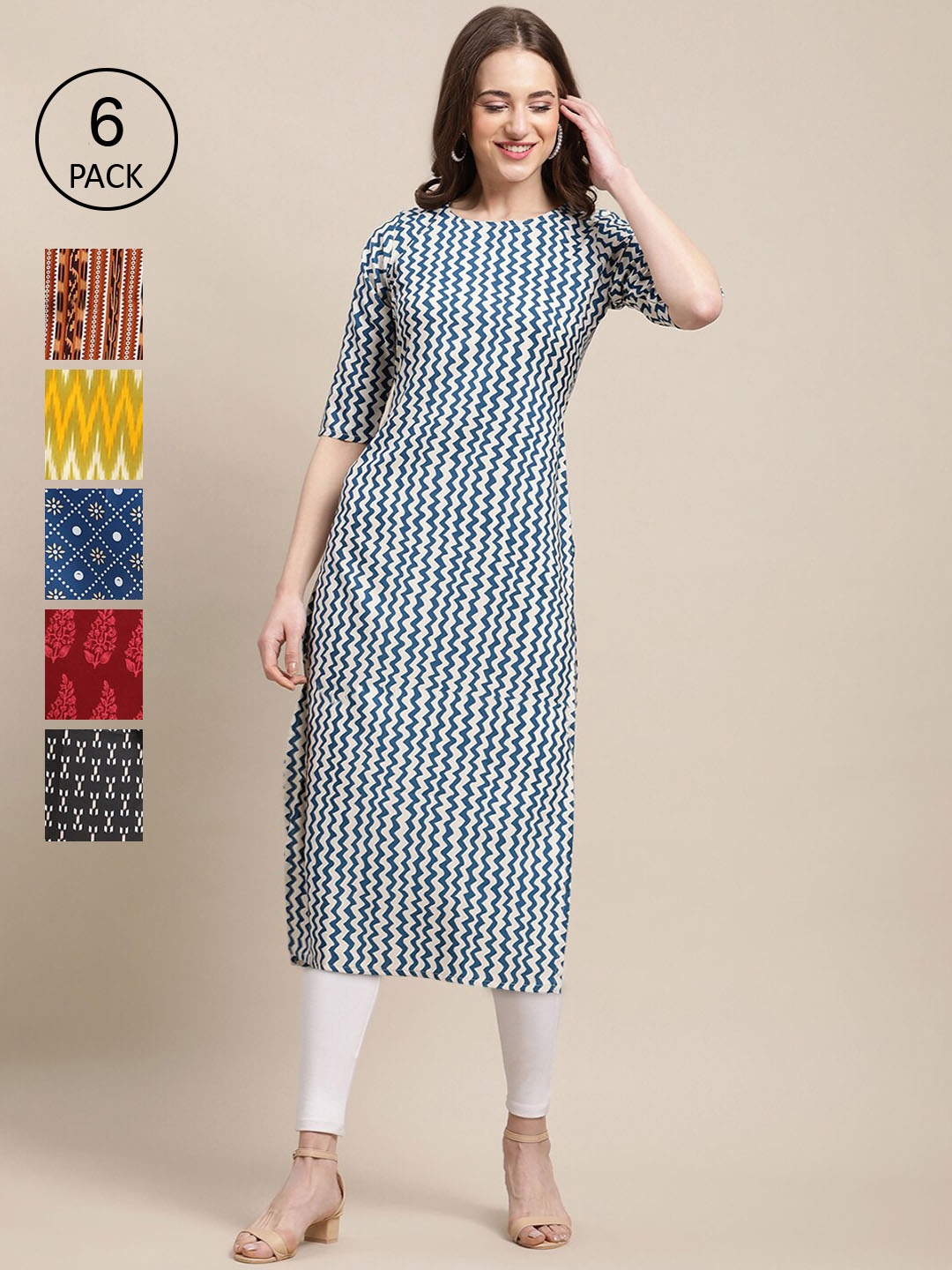 

7Threads Women Pack Of 6 Printed Summer Sheers Crepe Kurta, Blue