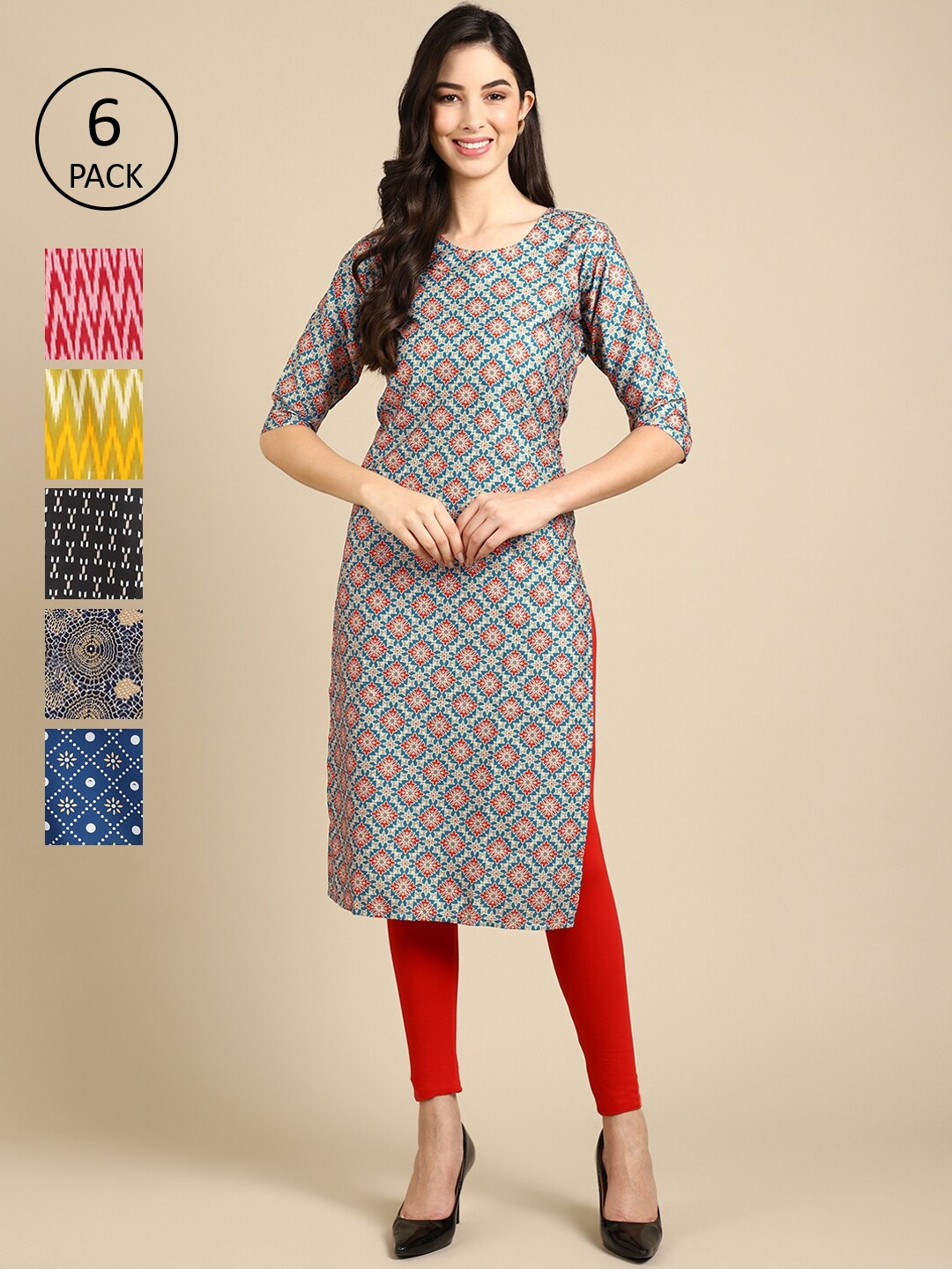 

7Threads Women Pack Of 6 Printed Summer Sheers Crepe Kurta, Black