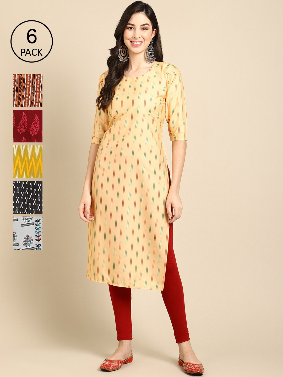 

7Threads Women Pack Of 6 Gold-Toned & Multicoloured Printed Crepe Kurta