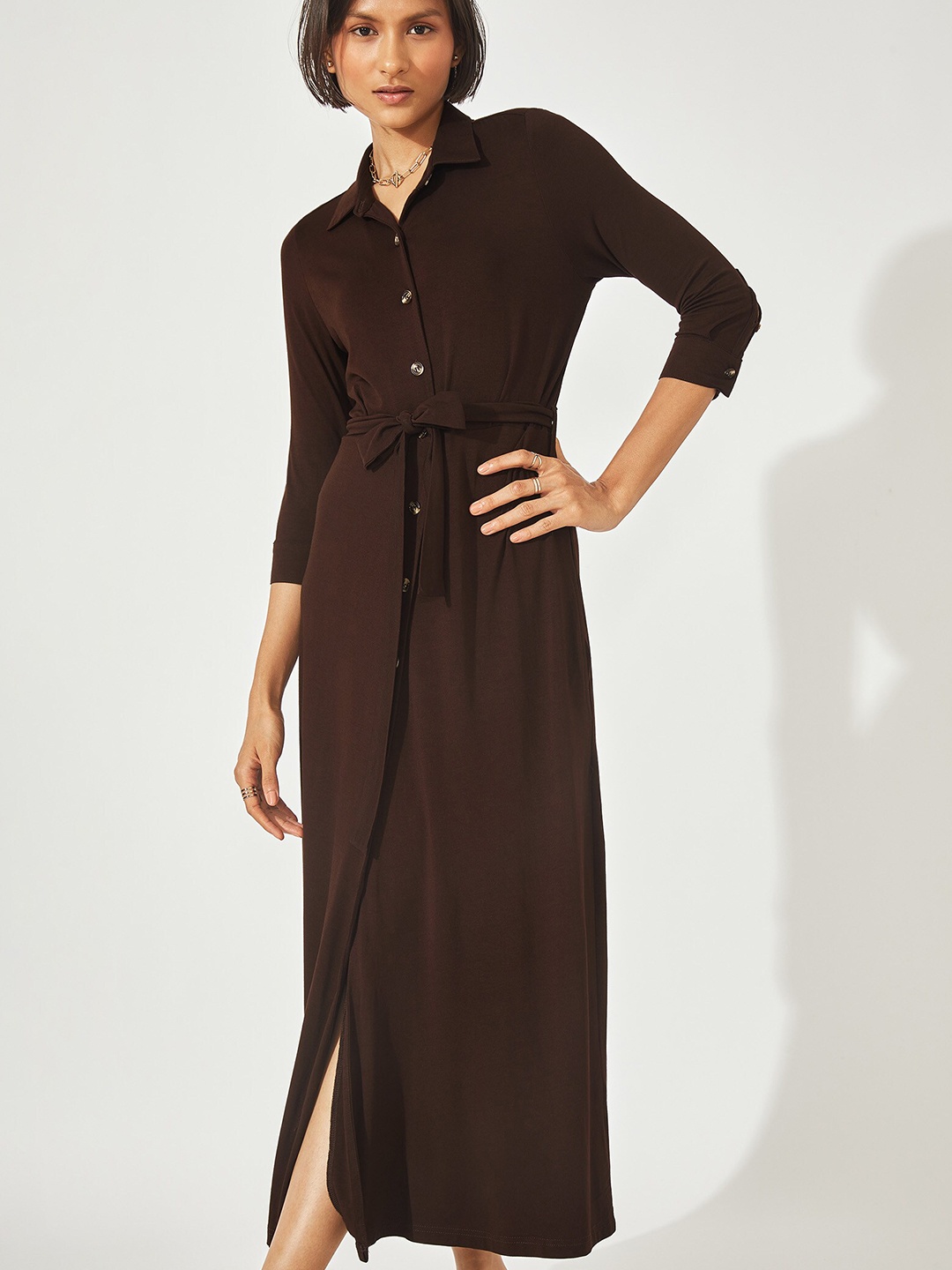 

The Label Life Women Brown Mocha Longline Shirt Dress