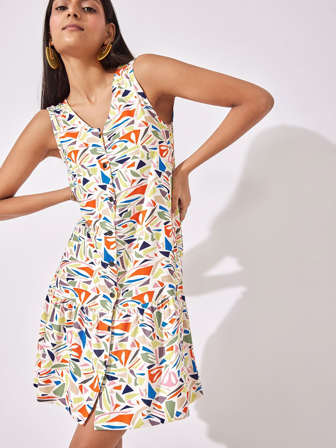 

The Label Life Women White & Orange Terrazzo Print Buttoned Dress
