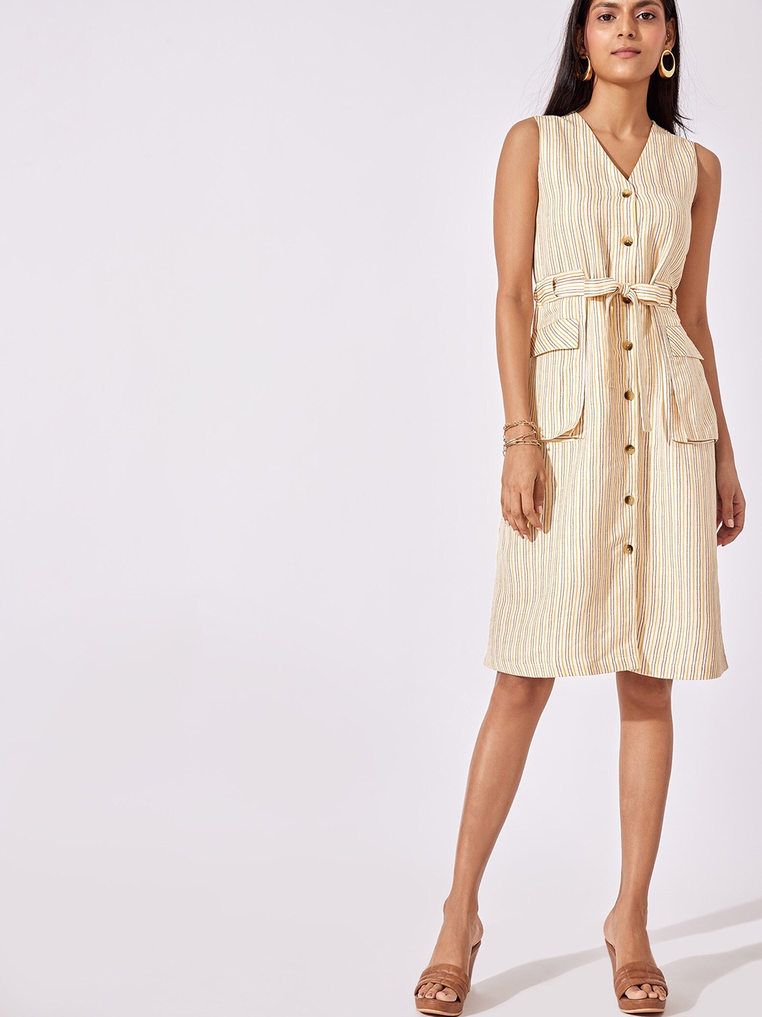 

The Label Life Women Beige Striped V Neck Belted Dress