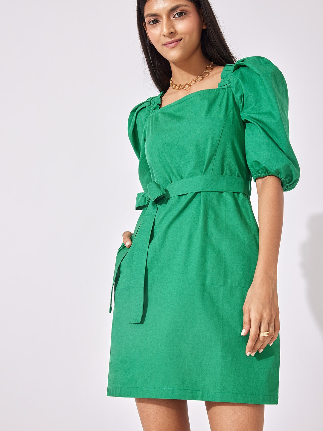 

The Label Life Women Green Emerald Puff Sleeve Mini Dress