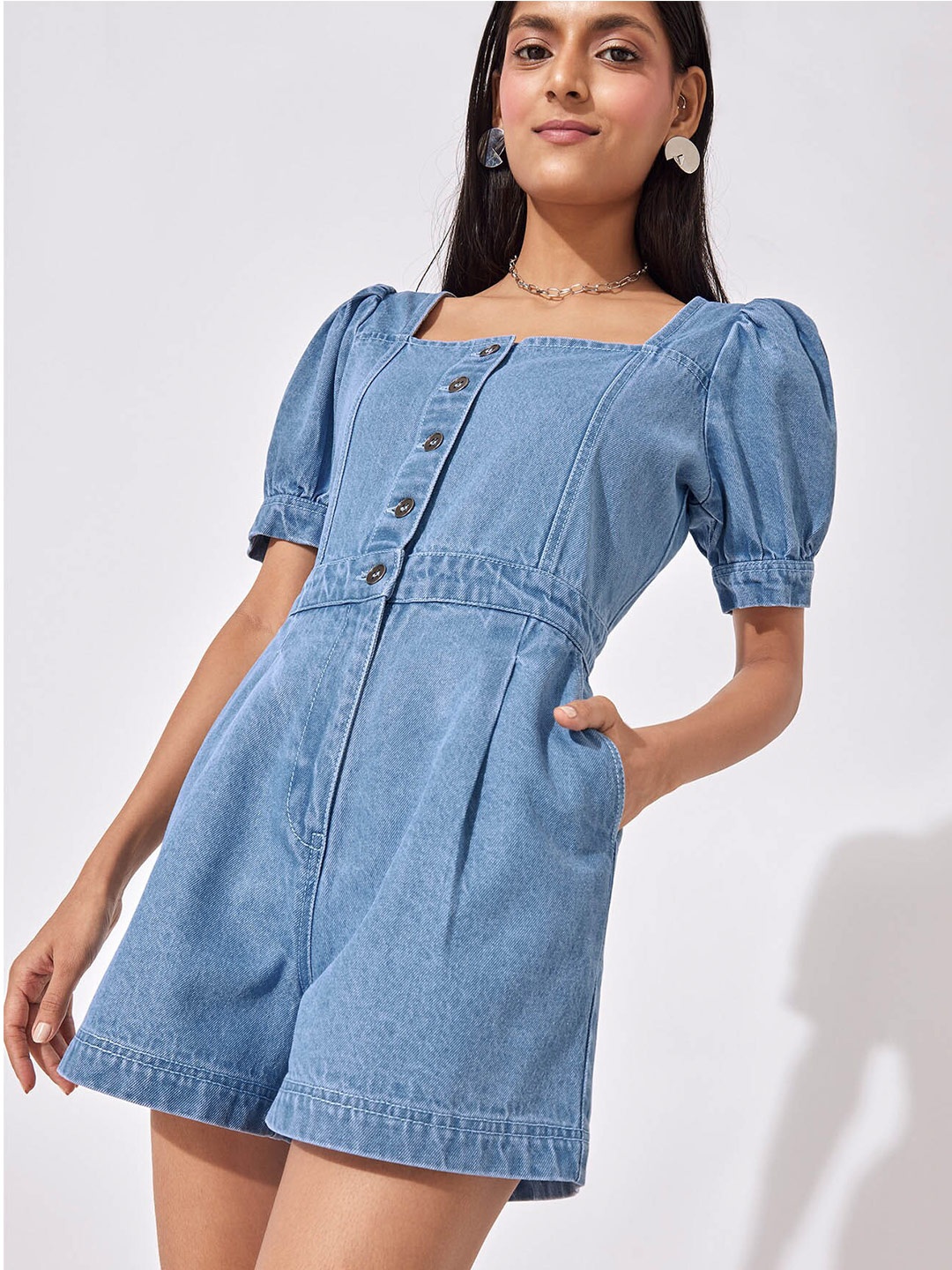 

The Label Life Women Blue Solid Denim Puff Sleeve Playsuit