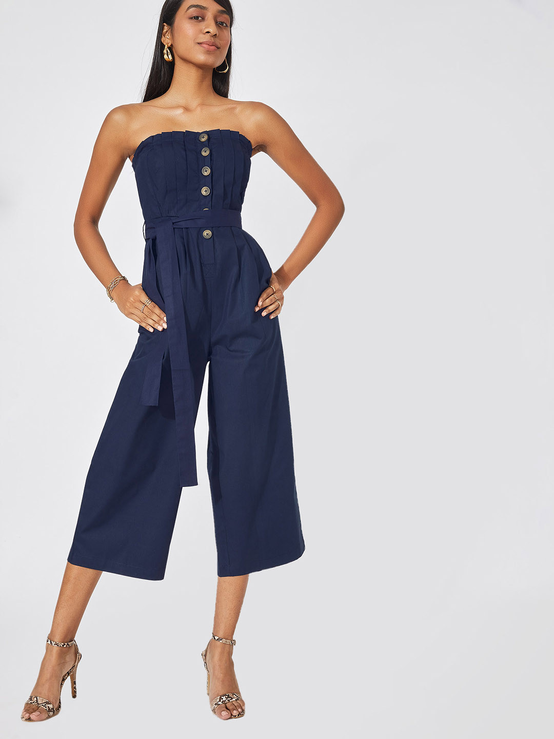 

The Label Life Navy Blue Off-Shoulder Pleated Tube Jumpsuit