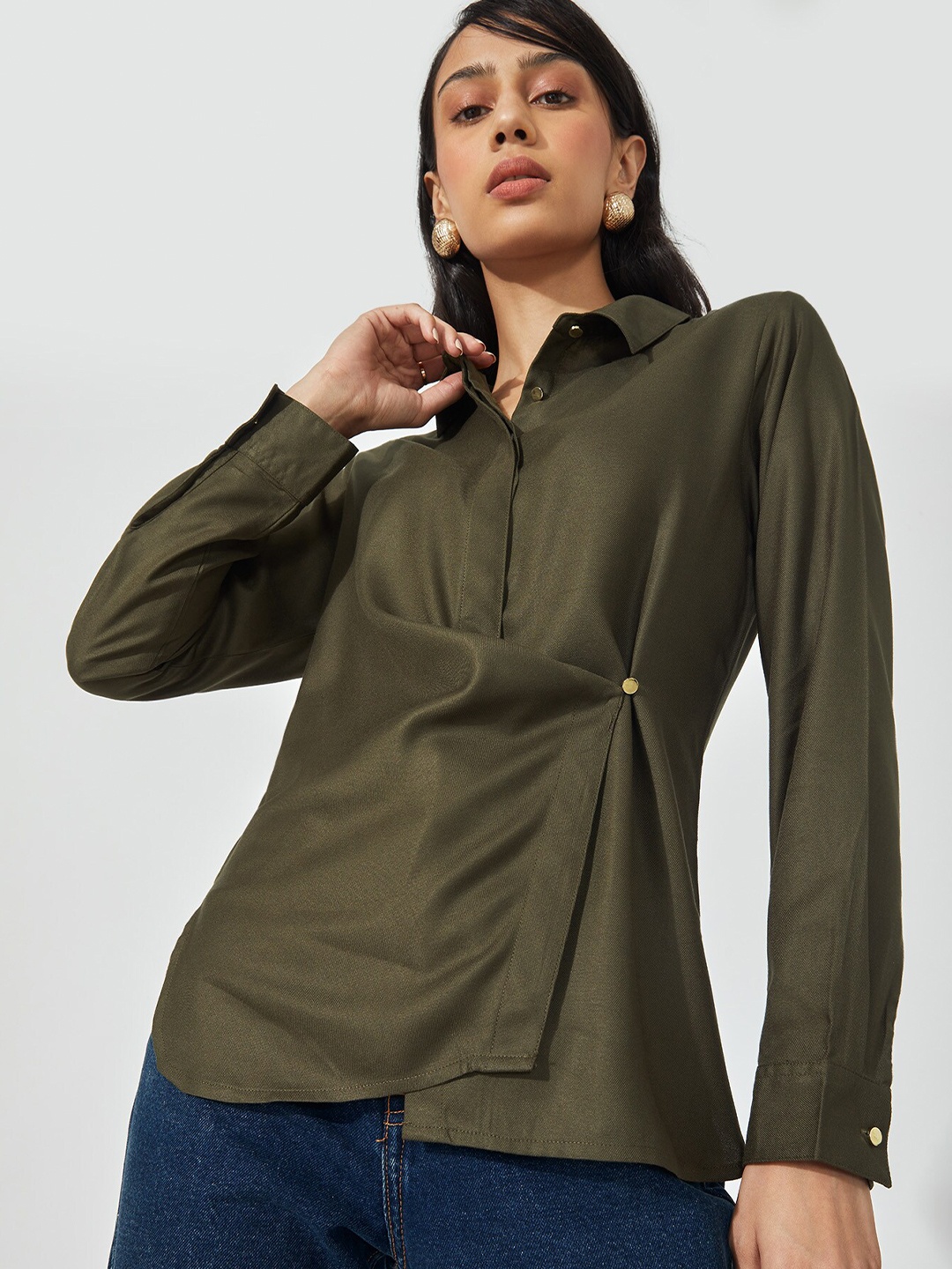 

The Label Life Women Olive Green Wrap Button Shirt