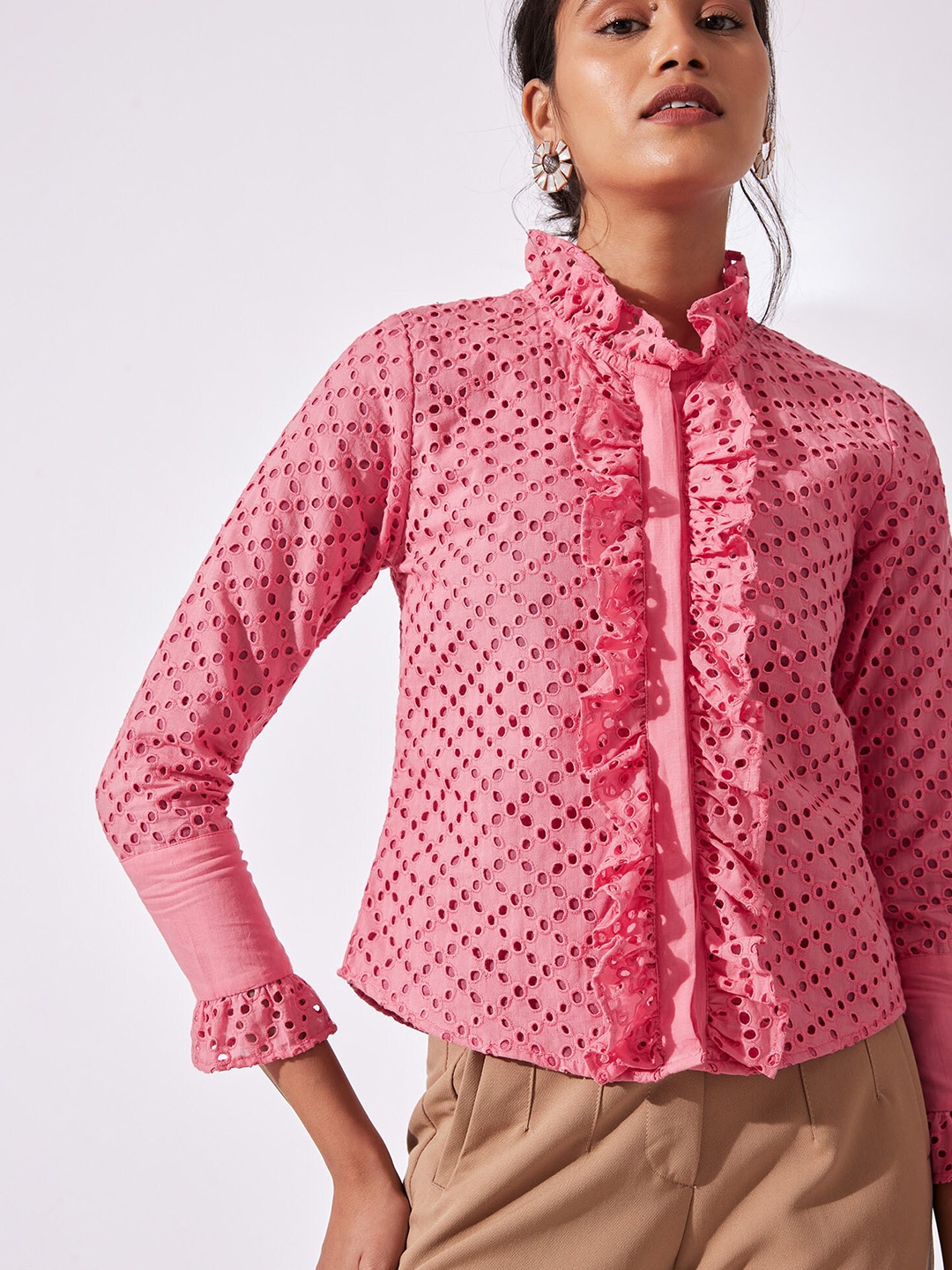 

The Label Life Women Rose Pink Floral Printed Ruffled Schiffli Shirt