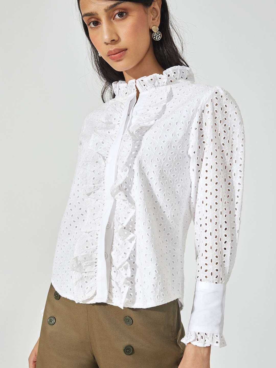 

The Label Life Women White Schiffli Ruffled Shirt