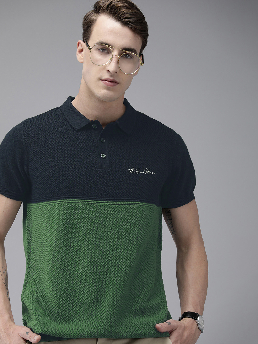 

THE BEAR HOUSE Ardor Edition Men Green Cotton Colourblocked Polo Collar Slim Fit T-shirt