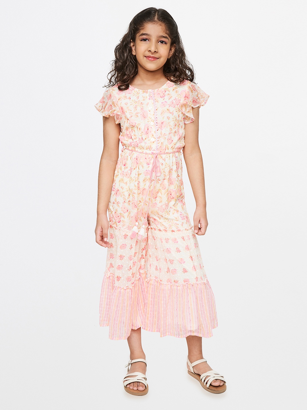 

Global Desi Girls Off White & Pink Printed Basic Jumpsuit with Ruffles