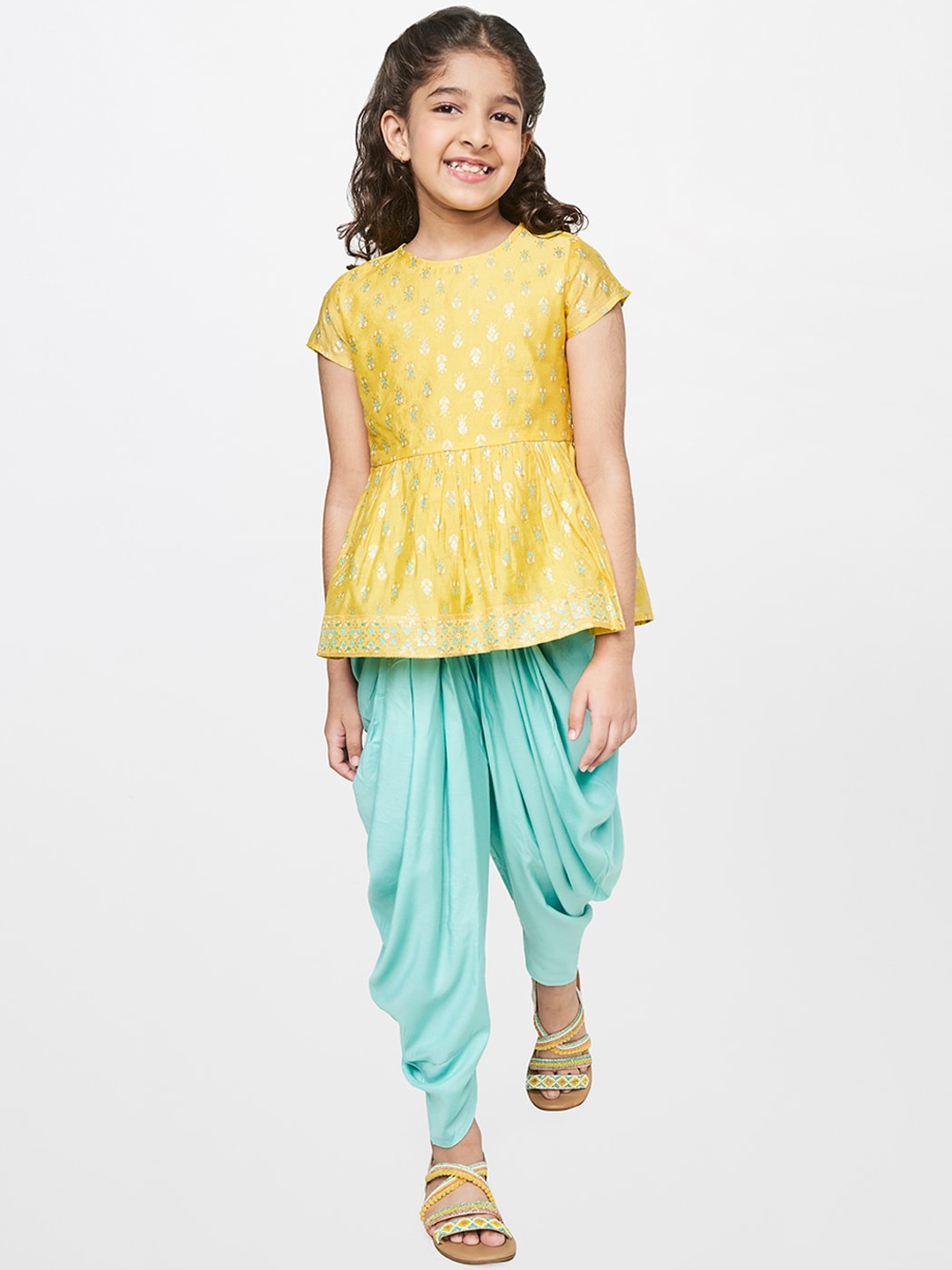 

Global Desi Girls Yellow & Blue Printed Tunic with Dhoti Pants